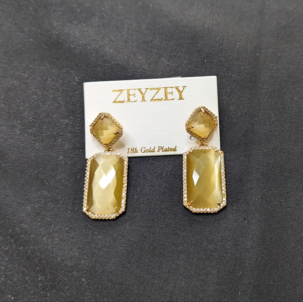 ZeyZey Yellow Cat Eye Drop Rectangle Earrings 18k Gold Plated
